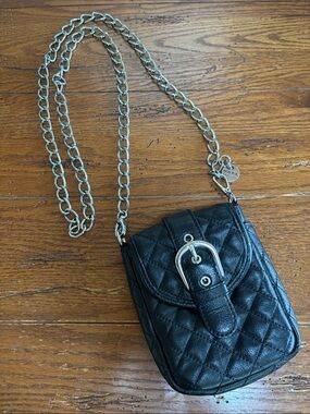 MAXX New York Black Quilted Leather Crossbody Bag Silver Tone Chain 4.5 x 6.5